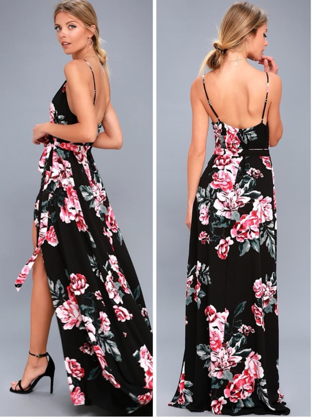 LULUS Women’s Size S Black Floral Print‎ Flirtation Sleeveless Wrap Maxi Dress
